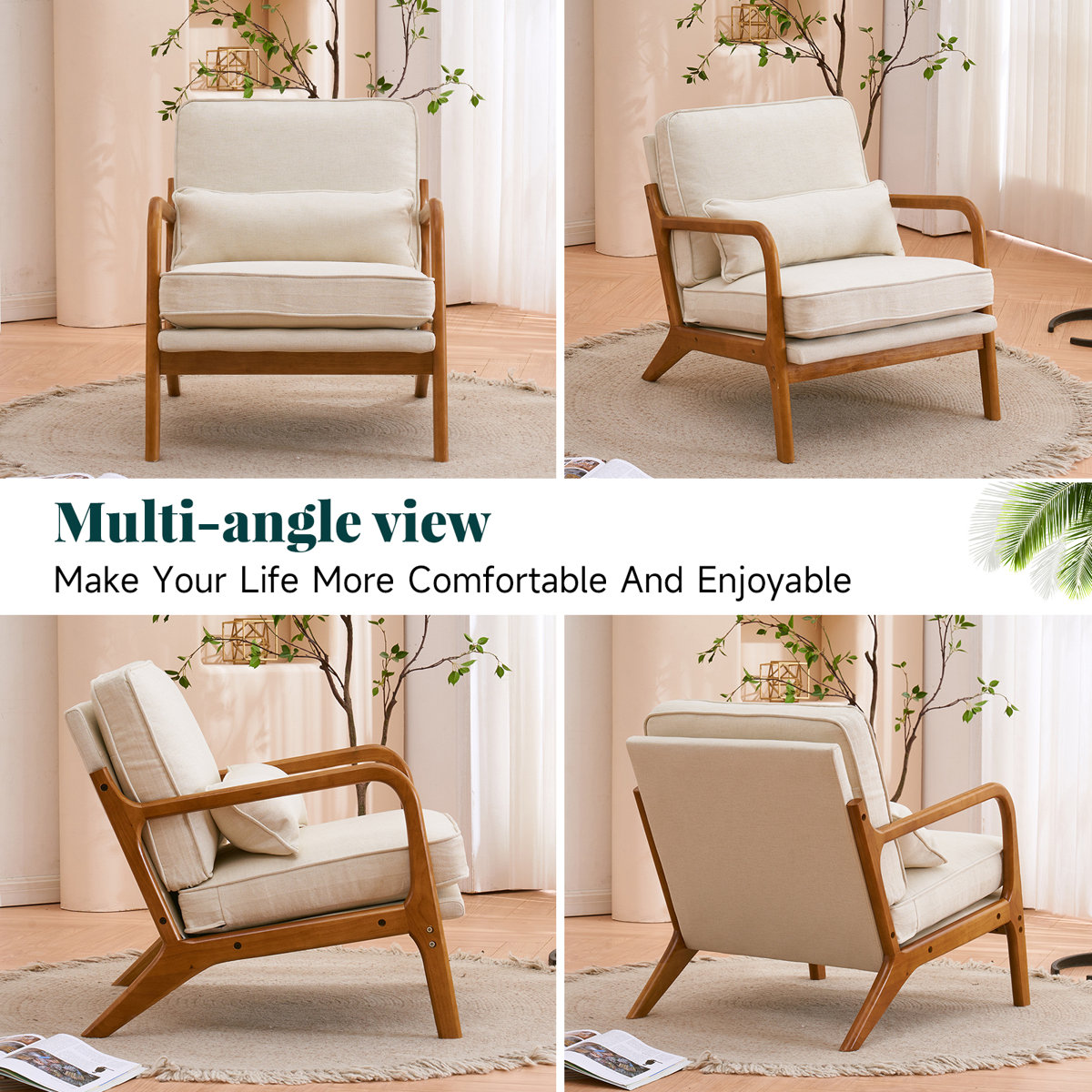 Lemley Mid Century Solid Wood Accent Chair Upholstered Armchair with an Extra Pillow